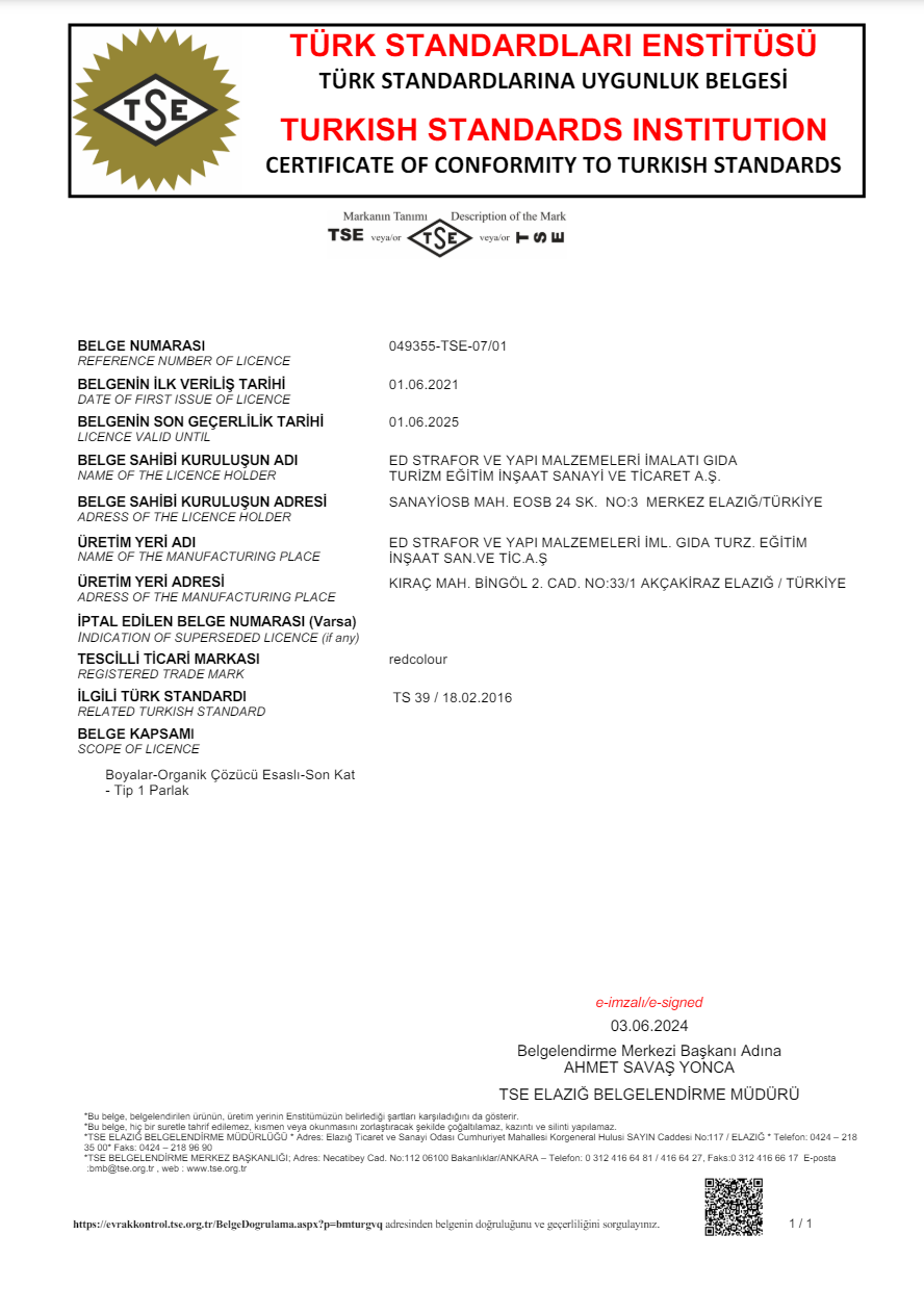  Tseページ TSE Belgelerimiz | RedColour | Yapı ve Endüstri Boyaları | Yalıtım